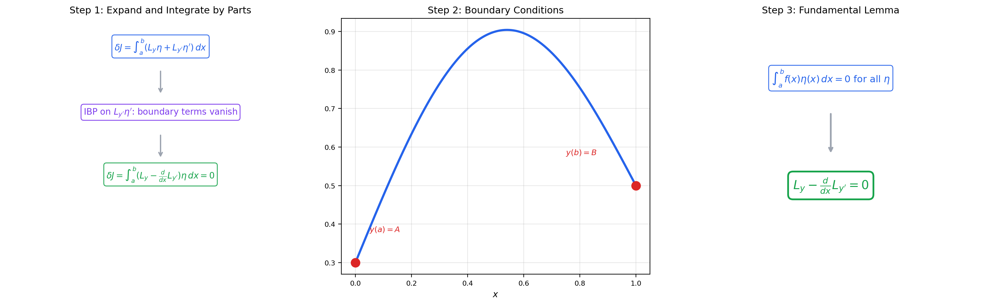 The Euler-Lagrange derivation: integration by parts, boundary terms, and the fundamental lemma.