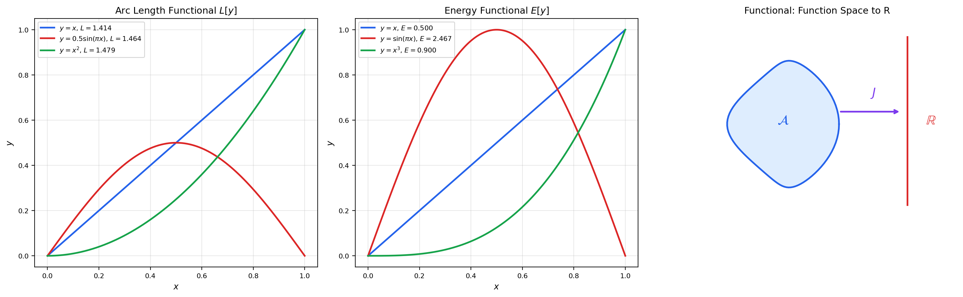 Three canonical functionals: arc length, energy, and action, each mapping a function to a real number.