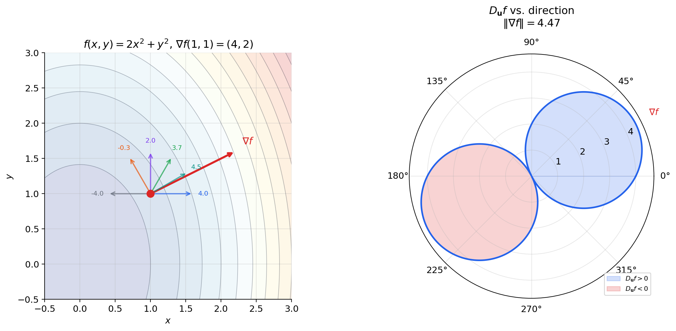 Directional derivative: contour plot with gradient and direction vectors, plus polar rose plot