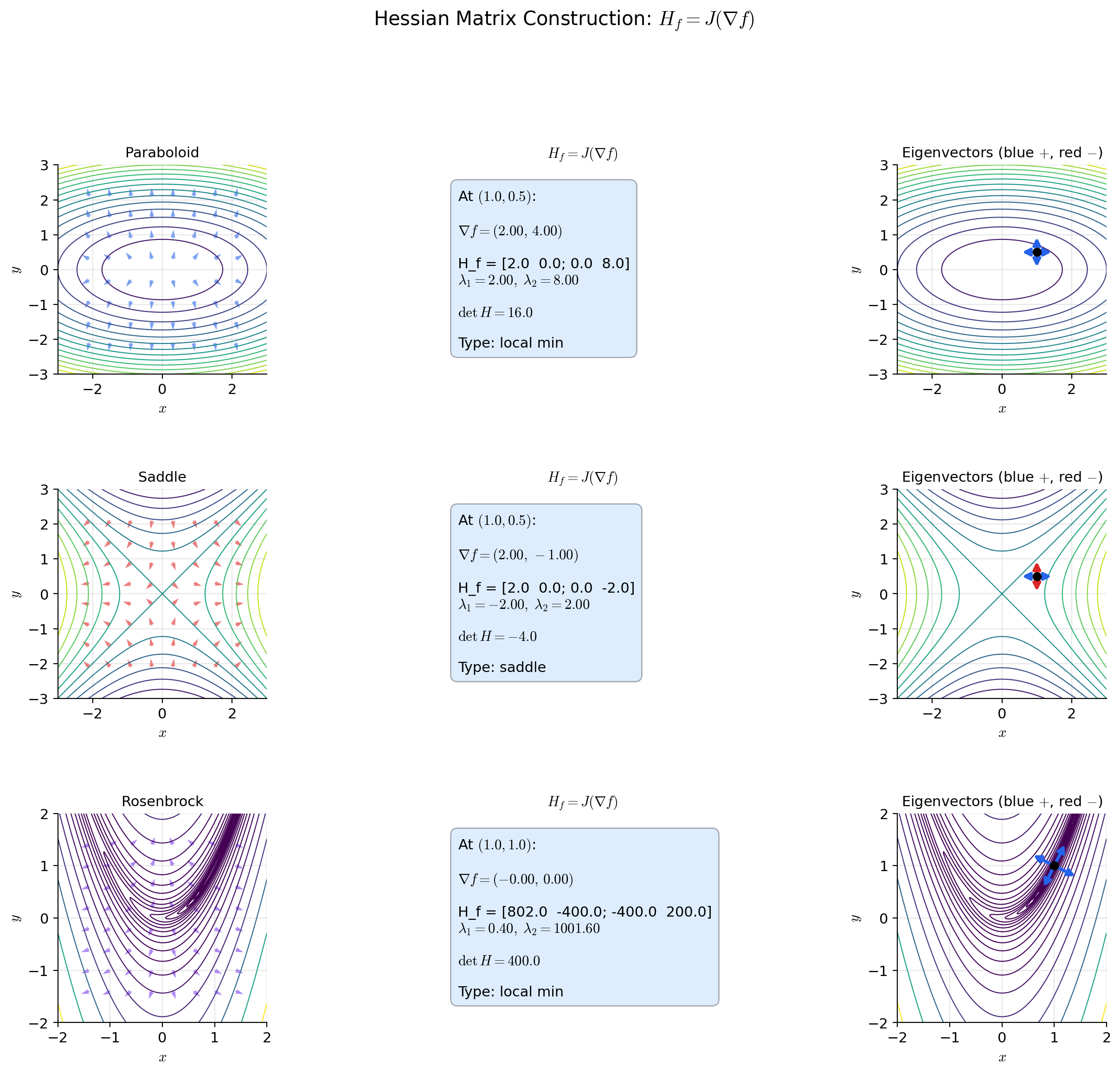 Construction of the Hessian matrix: the gradient vector field is differentiated again, and the resulting second-order partials are assembled into a symmetric matrix. Numerical Hessians shown for the paraboloid, saddle, and Rosenbrock functions.