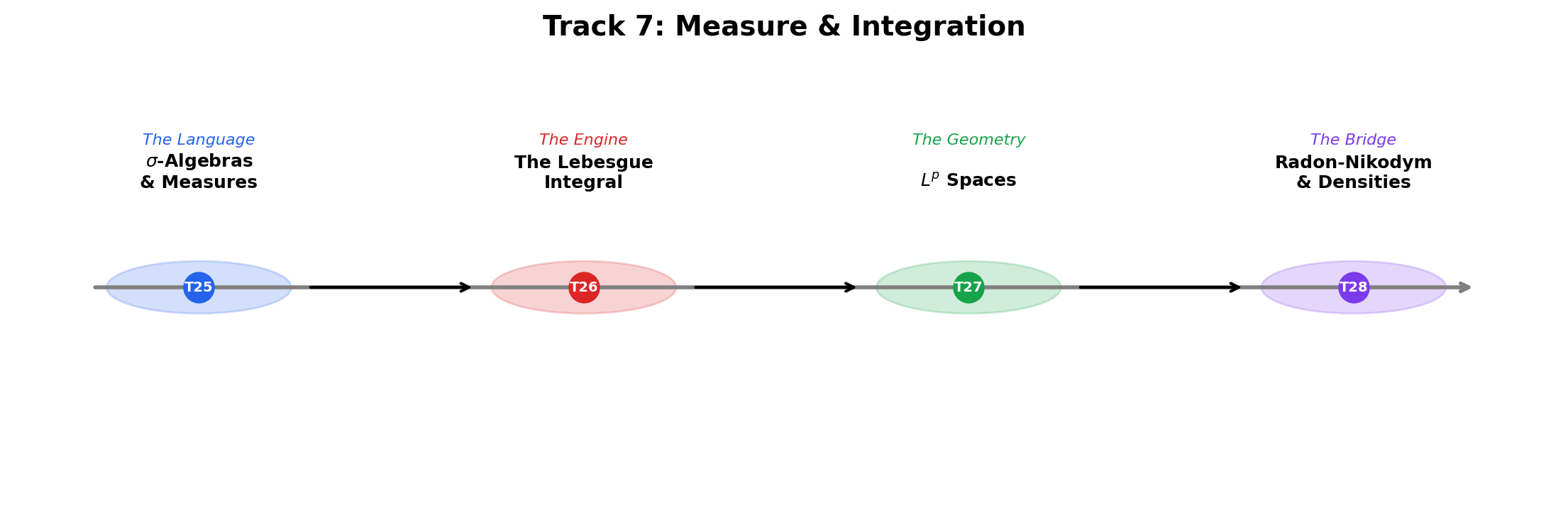 Four-panel timeline showing the conceptual arc of the Measure & Integration track: σ-algebras (the language) → Lebesgue integral (the engine) → Lp spaces (the geometry) → Radon-Nikodym (the bridge to probability)