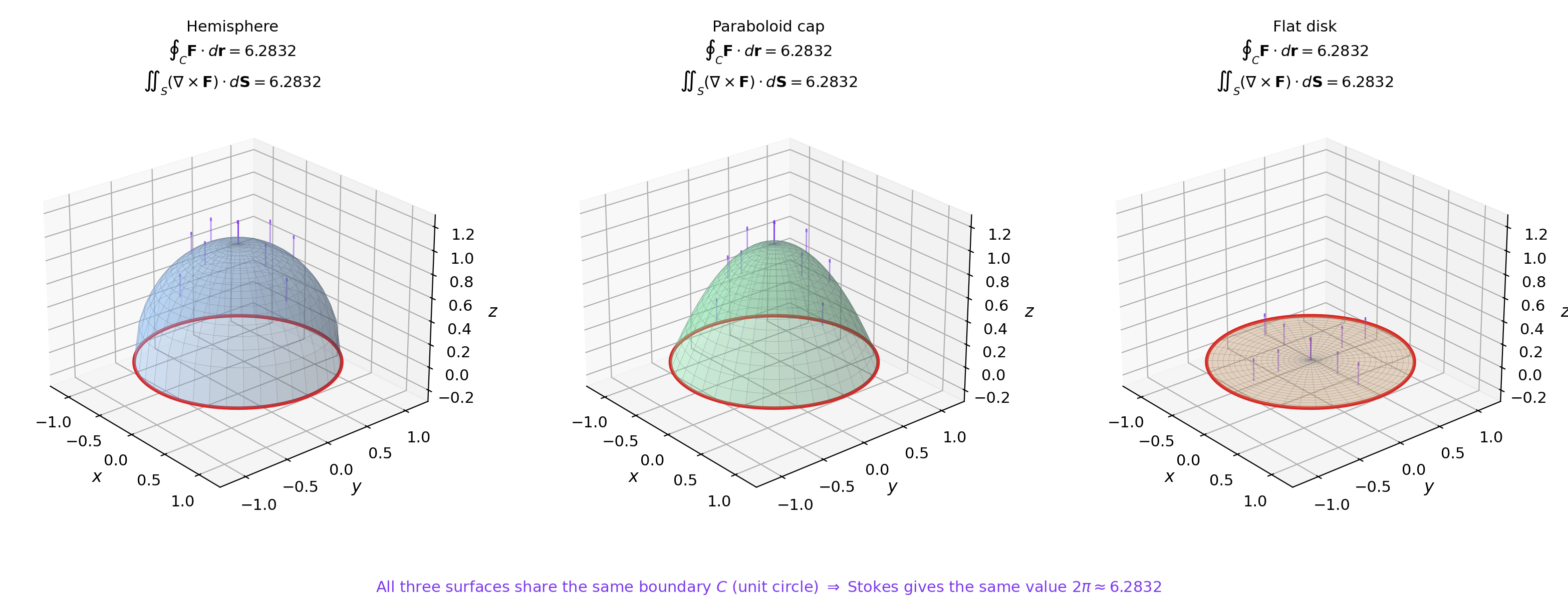 Stokes' theorem: boundary curve C, spanning surface S, curl vectors through the surface
